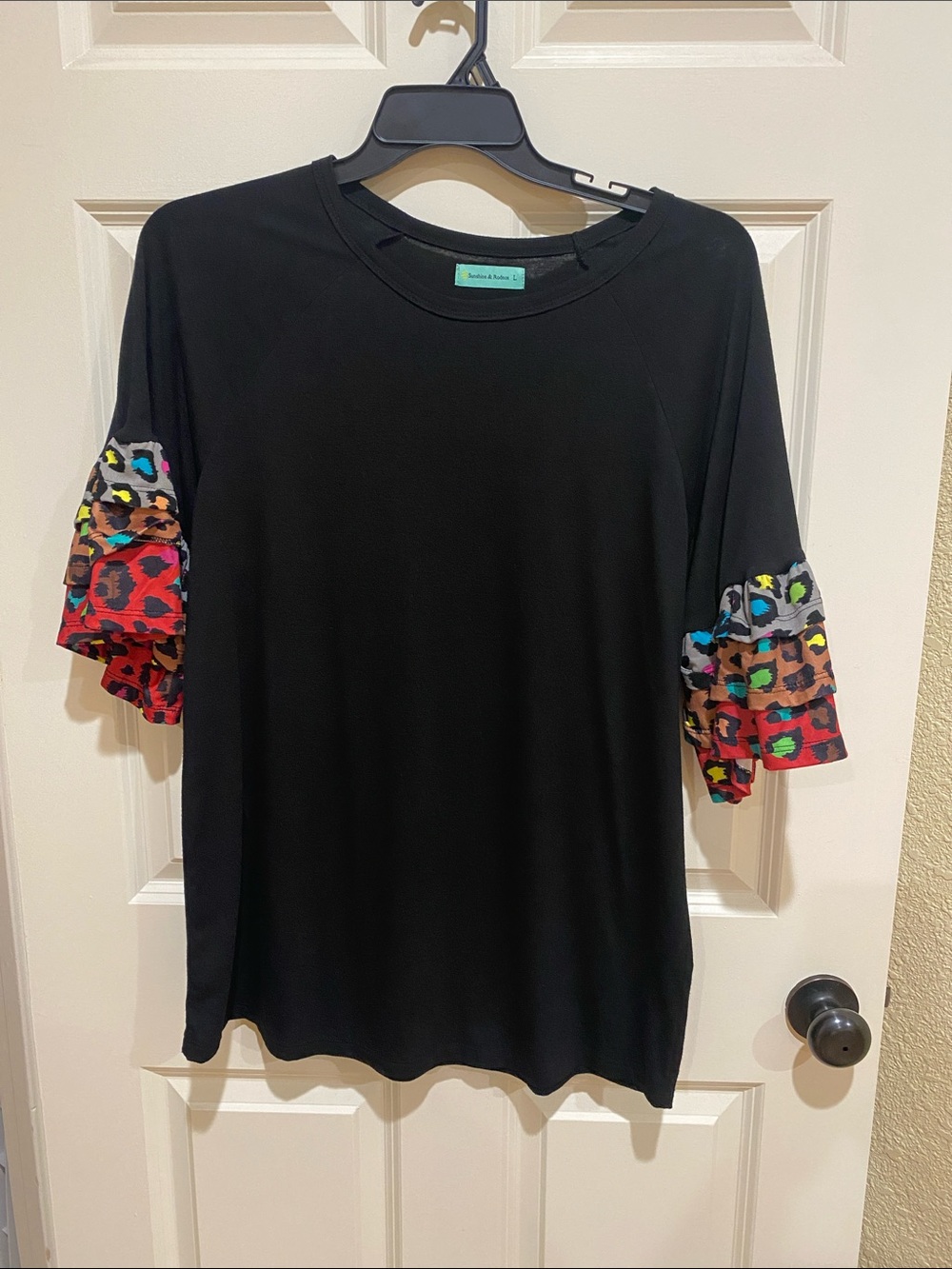 Black Short-Sleeve Tee with Multicolor Leopard Ruffle Sleeves